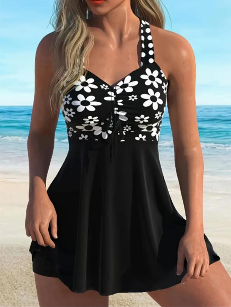 Women's Plant Print V-Neck Swimdress & Bottom Set, Casual Sleeveless Tankini Top & Shorts Two-piece Swimsuit for Beach Holiday Vacation, Ladies Swimwear for All Seasons Women's Plant Print V-Neck Swimdress & Bottom Set, Casual Sleeveless Tankini Top & Shorts Two-piece Swimsuit for Beach Holiday Vacation, Ladies Swimwear for All Seasons