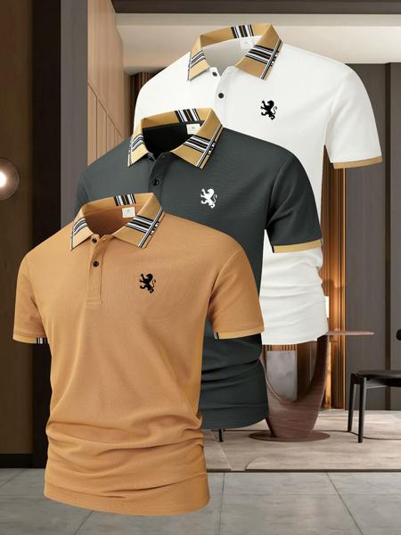3pc A672 Lion Print British Style Men's Casual Short Sleeve Shirt, Golf Sports Polo Shirt, Golf Tournament Shirt, Summer Fitted Outdoor Wear