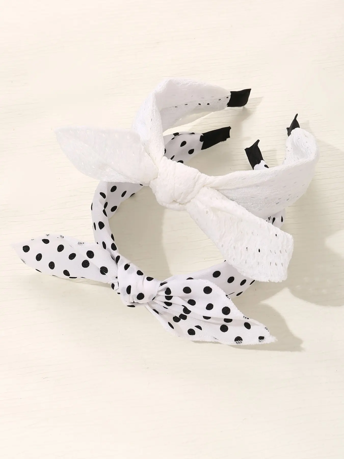 French Vintage Polka Dot Lace Bunny Ear Hair Bands Set, Lifts Low Forehead, Anti-Slip, No Slip Headbands, Reduces Age, Makes Face Smaller, 2 Pieces