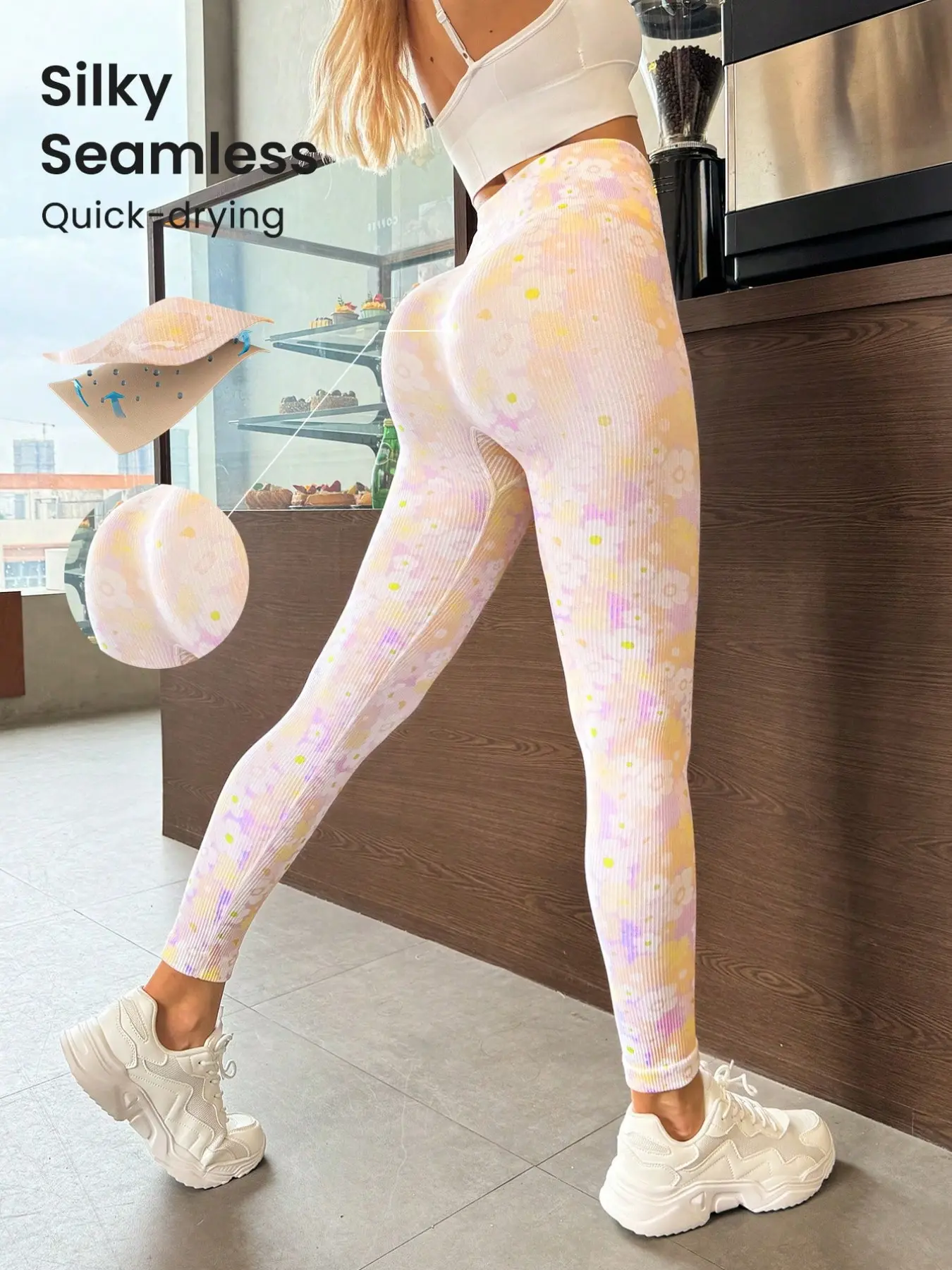 Women's Silky Seamless Ribbed Floral Print Yoga Leggings - High Waist Quick-Dry Butt Lift Workout Pants for Gym Fitness Running