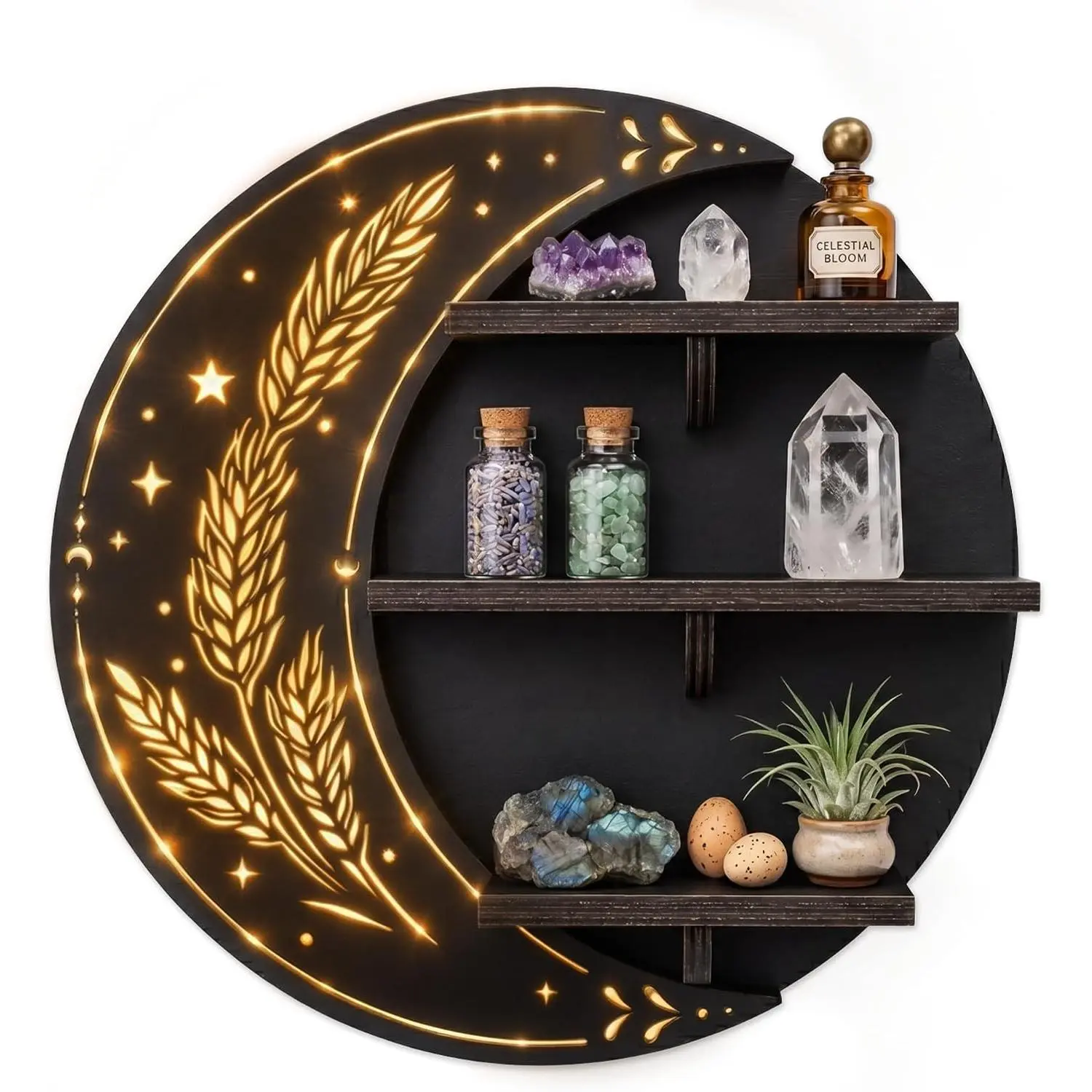 Wall Shelf, Crescent Moon Shelf, Crystal Display Shelf with LED Light-3 Lighting Modes, Trinket Shelf for Collectibles, Essential Oil and Perfume, Whimsical Aesthetic home Decor, Floating Shelf- 11.8"