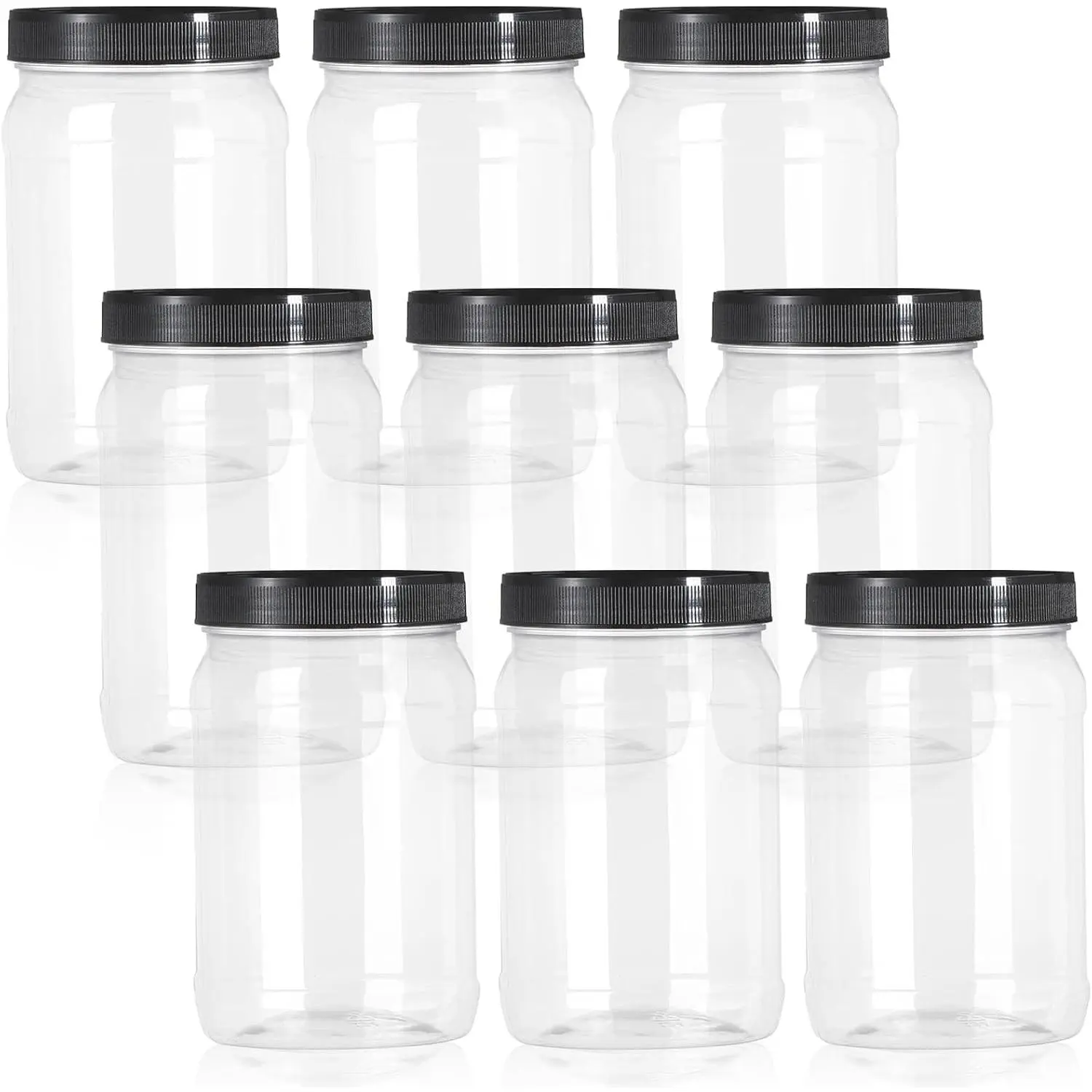 9 Pack 32 Oz Plastic Jars with Black Lids, Wide Mouth Clear Empty Plastic Storage Containers for Crafts, Dry Food, Peanut Butter, Honey and Jam Storage