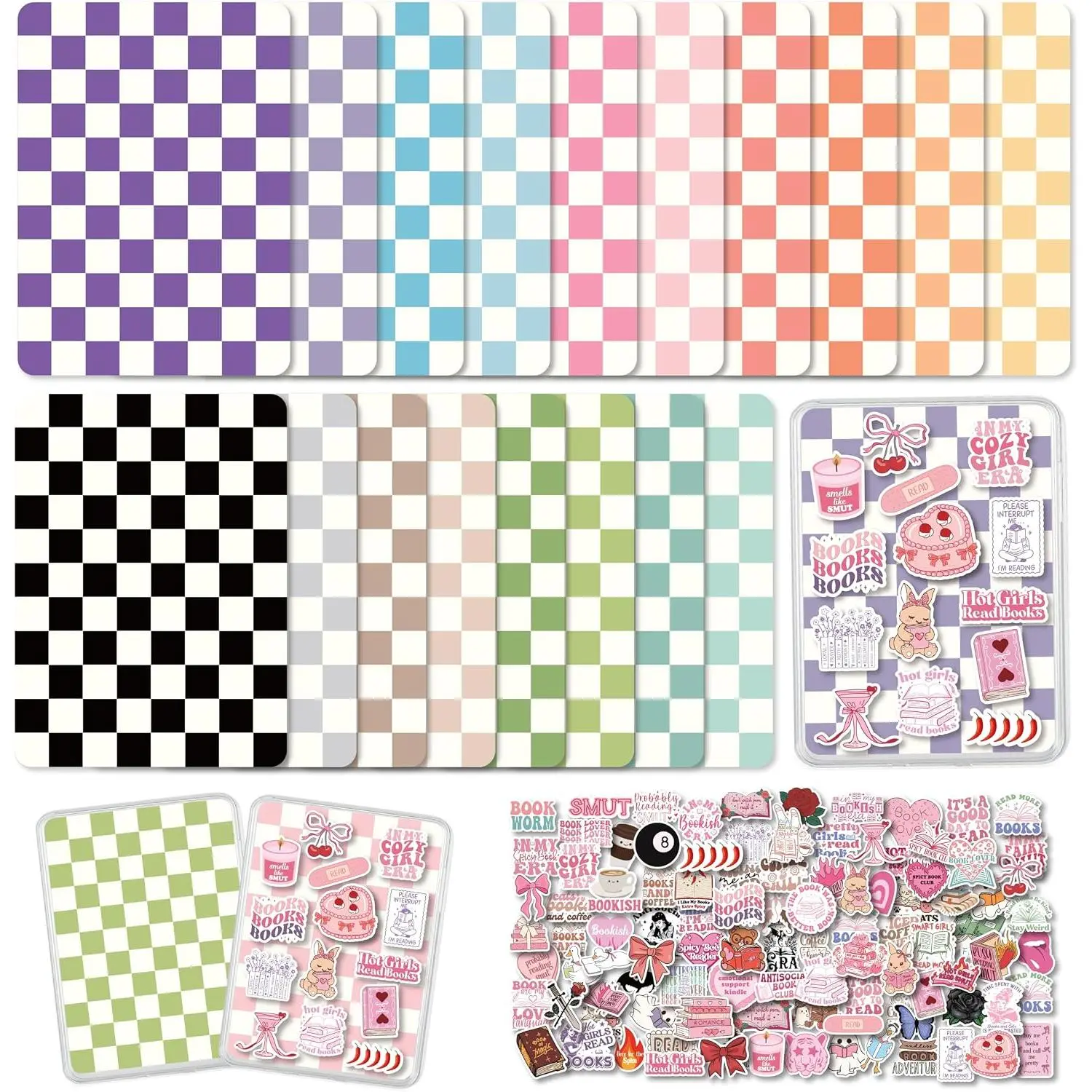 18 count Pastel Checkered Kindle Cardstock Inserts Compatible with Kindle Paperwhite 6.8” (11th Gen 2021) Clear Case with 100 count Bookish Aesthetic Stickers, Bookish  for Book lover