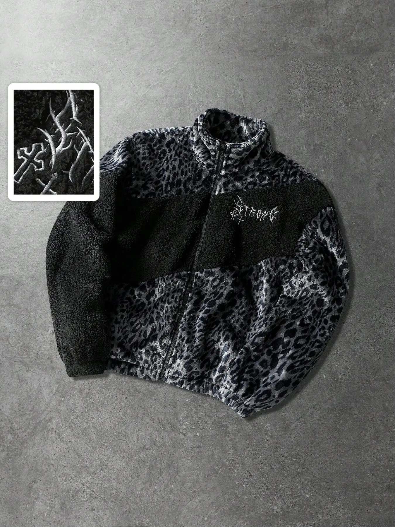Men’s Leopard Print Color Block Sherpa Stand Collar Full Zip Gothic Embroidered Jacket, Dark Grunge Y2K Animal Print Streetwear Viral Hot Search 2026, Ultra Thick Warm Anti-Shed Plush Composite Fleece Fabric, Windproof High Stand Collar Full Zipper Closur