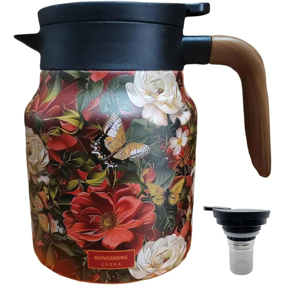 35oz Vintage Floral Teapot with Built-in Infuser - Stainless Steel Thermal Carafe, Leak-Proof Lid for Tea & Coffee (Red flower)