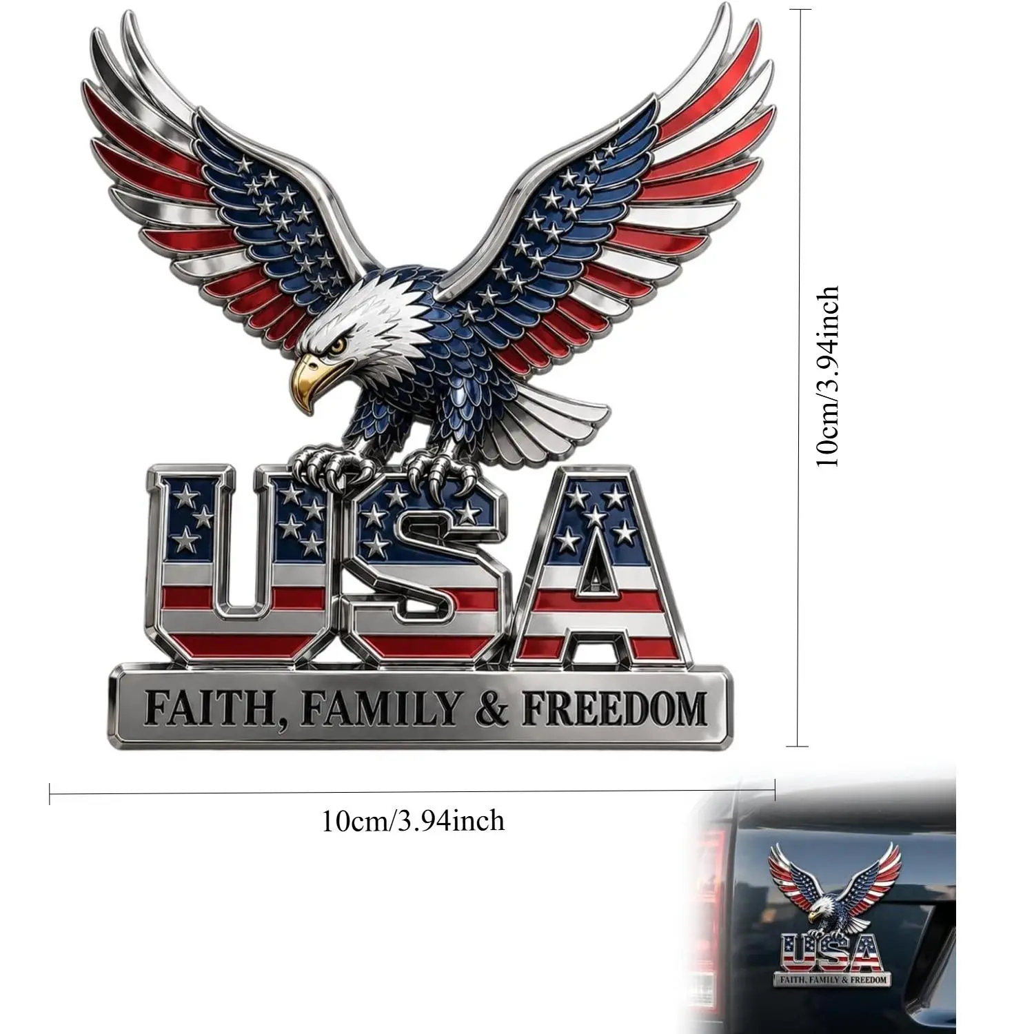 USA Faith, Family & Freedom Metal Emblem, Eagle & USA Letters Patriotic Edition 3D Metal Car Emblem, 250th Anniversary Red & Blue Flag Auto Decal for Automotive, Trucks, SUV, Motorcycle, Vehicle Exterior Decoration, Car Accessories