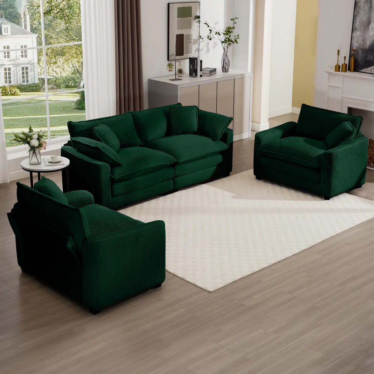 Warm and Cozy Sofa Set with Soft Cushions and Pillows, Home Theater Style Sofa Set Consisting of One 2-Seater Sofas and Two Single Sofa in Green Corduroy Fabric