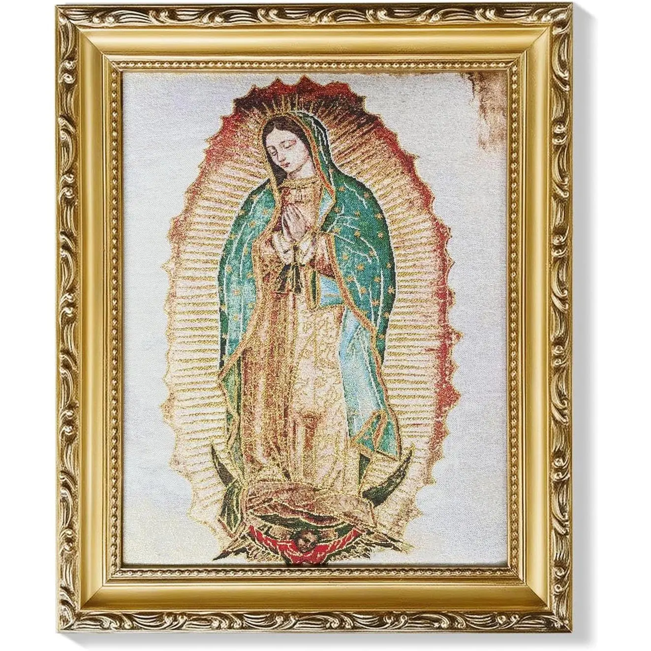 QINAVORIX Our Lady of Guadalupe Christian Wall Art Gift for Mom Grandma Woman, Virgin Mary Mexican Framed Woven Fabric Tapestry Painting, Catholic Religious Decor for Living Room Altar (Our Lady of Guadalupe, 11''L x 9''W)