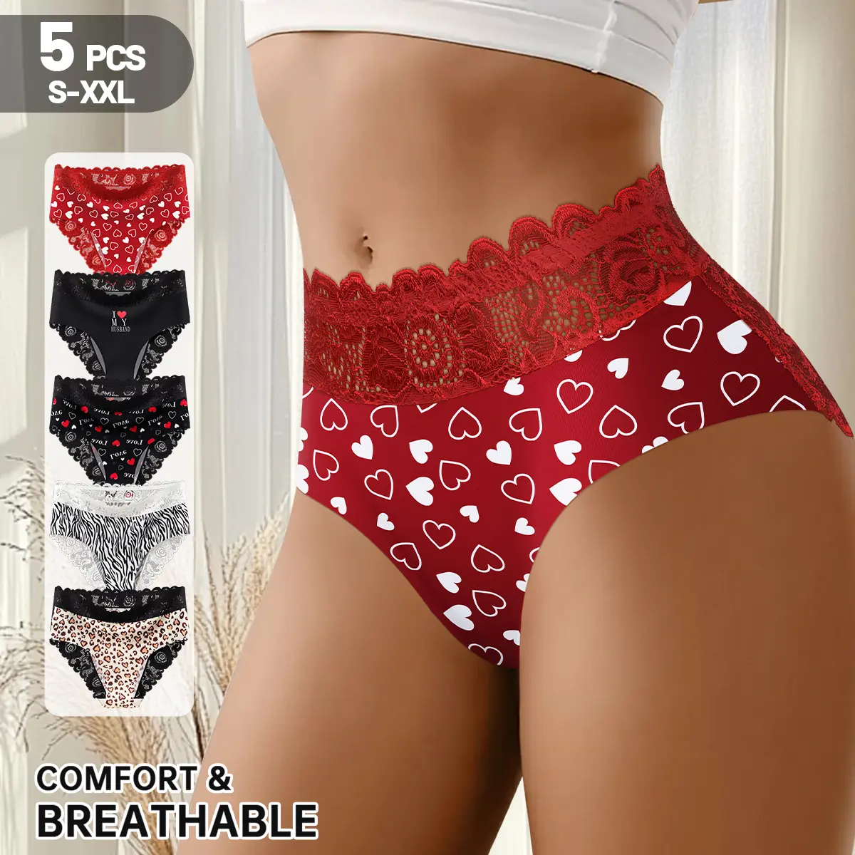 QUASTI 5PCS Women Mid-Waist Lace Underwear, Tagless Printed Full Coverage Panties, Elastic Breathable Plus Size Briefs, Invisible Smooth Multi Colored Underwear for All Day Wear, S-XXL