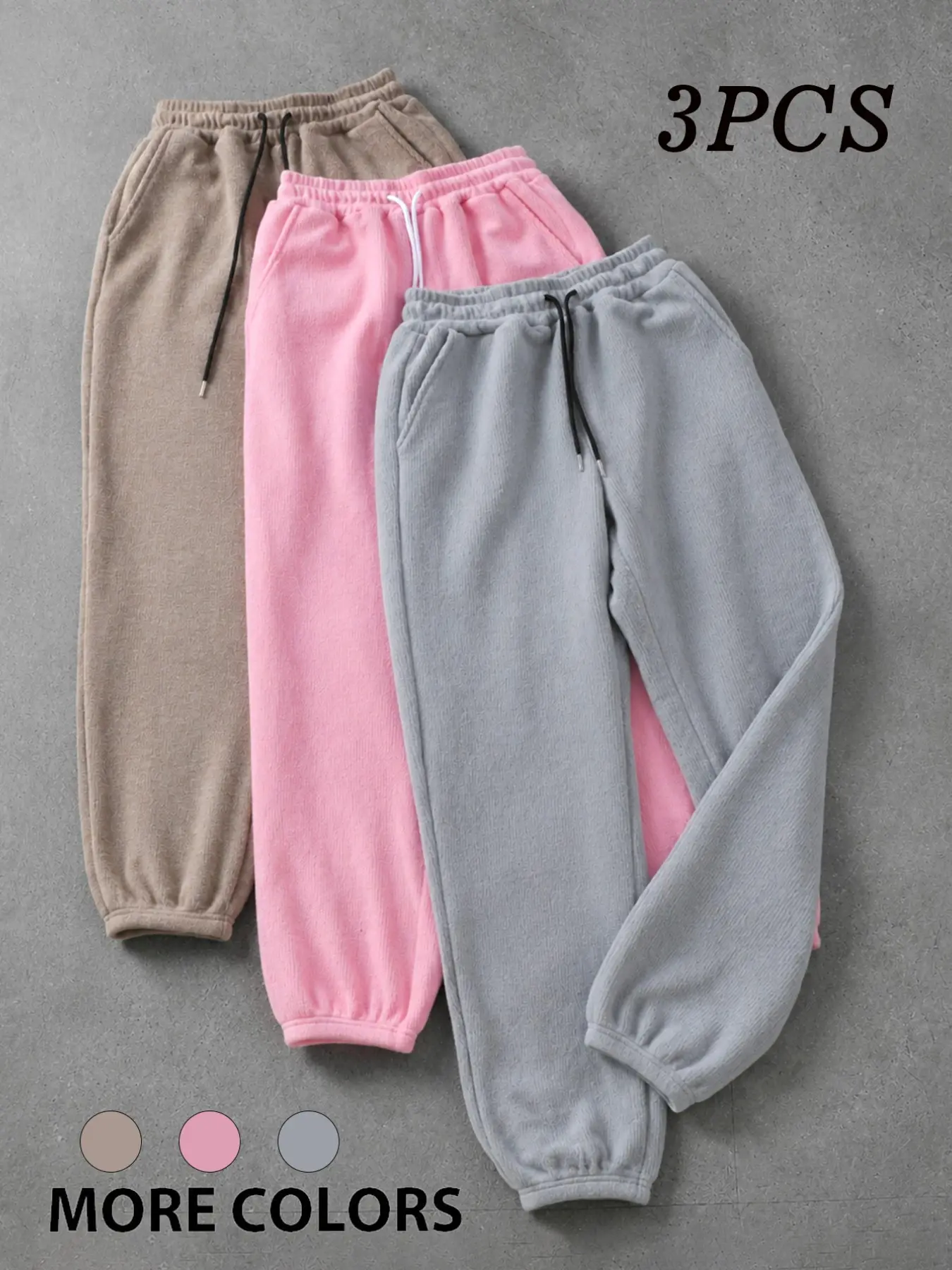 3PCS Women Fleece Jogger Pants Lounge Set, Elastic Drawstring High Waist Cozy Ribbed Sweatpants with Pockets, Soft Warm Loose Fit Casual Loungewear Bottoms, Daily Home Wear Streetwear, Trendy Autumn Winter Relaxed‑Fit Trousers for Ladies