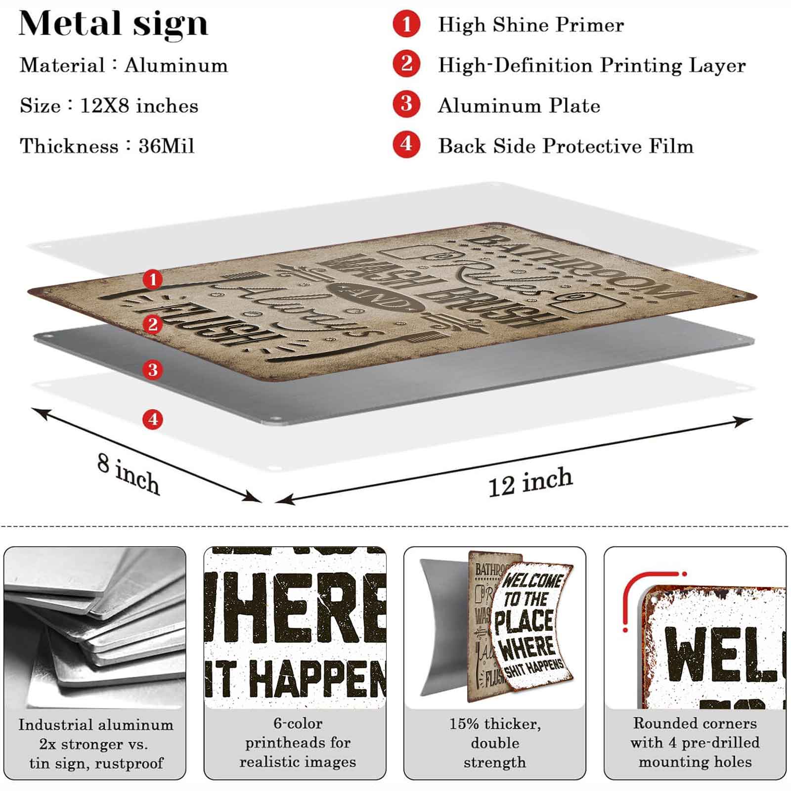 8x12 Inch Aluminum Metal Sign - "Bathroom Rules Wash Brush And Always Flush" |   Classic Toilet Decor, Perfect for Home Bathroom, Guest Restroom, RV, Campground, and Diner |   Retro Rustic Tin Plaque, Easy to Mount, Timeless Bathroom Accessory