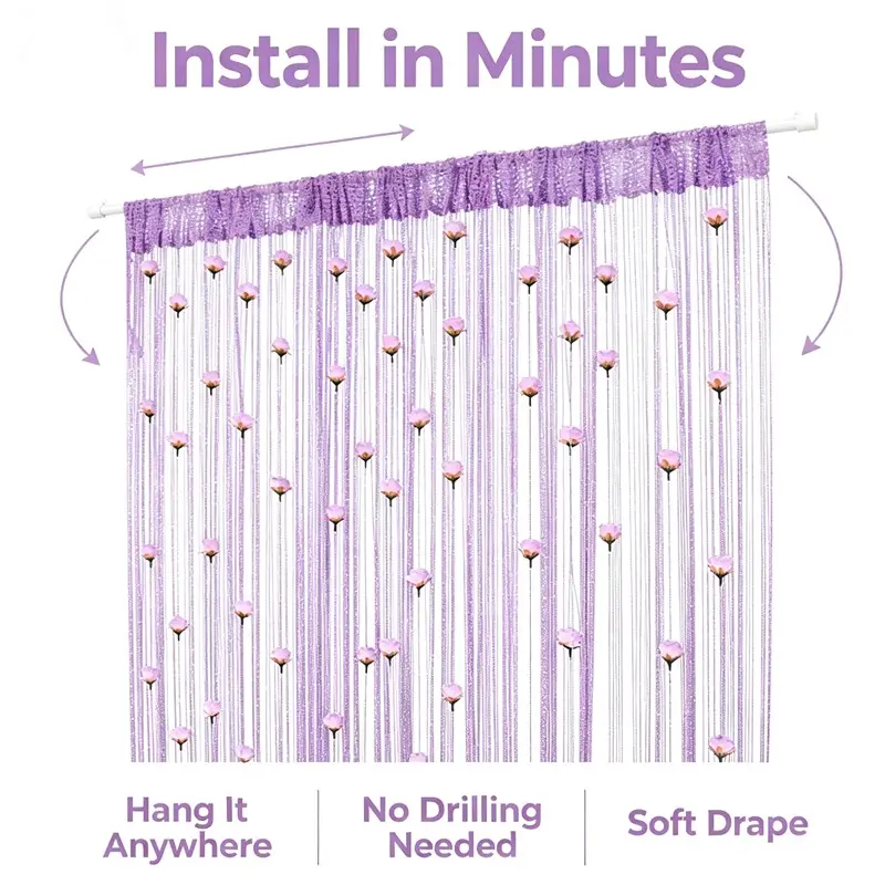 Rose Flower Line Curtain 78.74x39.37 Inches, Silver Color Floral Door Curtain, Encrypted Finished Partition Curtain with Fringe