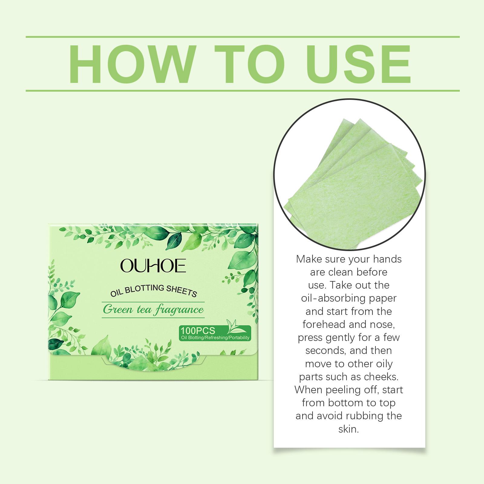 OUHOE Oil Blotting Sheets, Double Oil Control with Cellulose & Kaolin, Green Tea + Vitamin E Antioxidant Care, Makeup-Friendly No Powder Removal, Soft Non-Irritating for Oily Skin, Daily Summer Essential