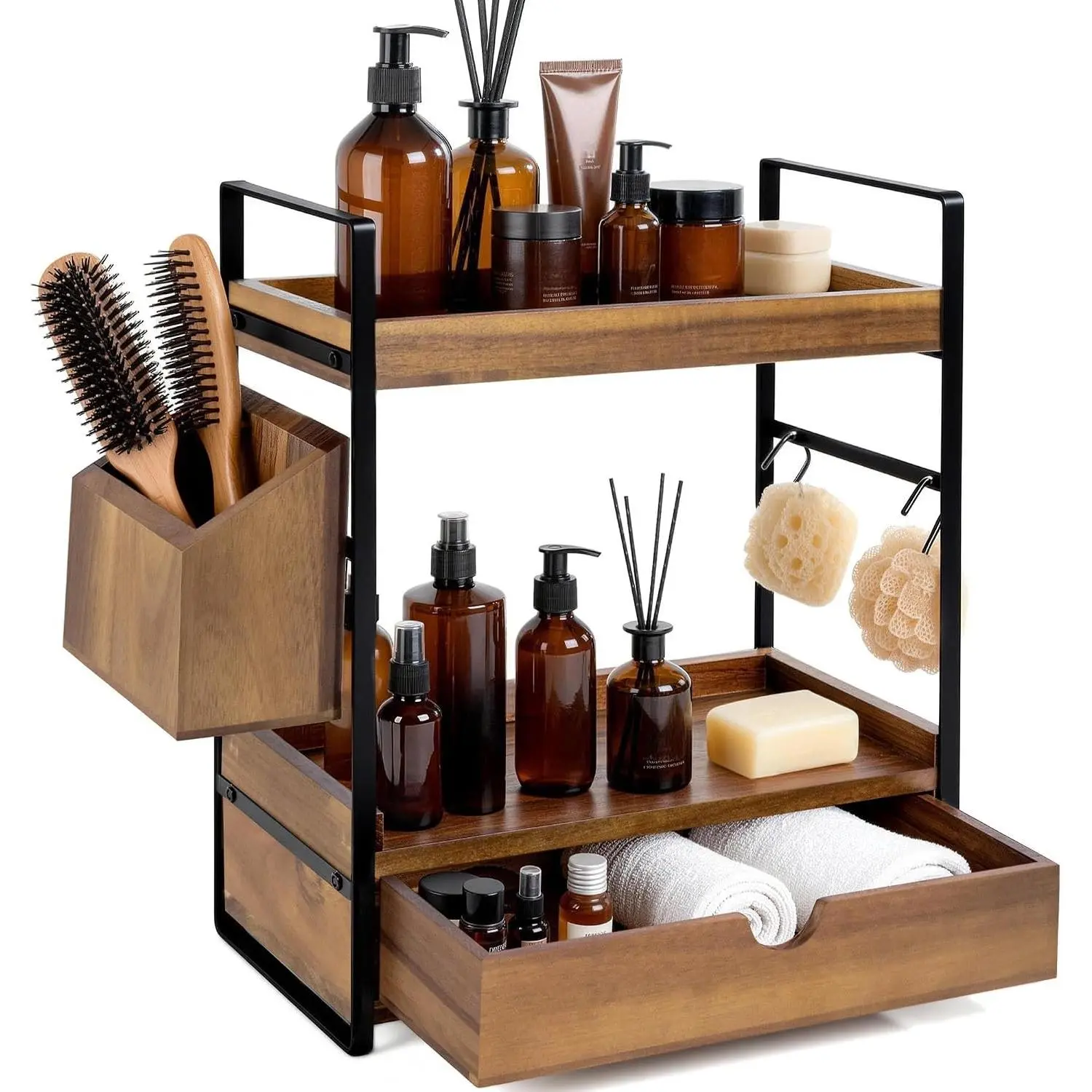 2-Tier Bathroom Counter Organizer, Acacia Wood Vanity Shelf with Drawer