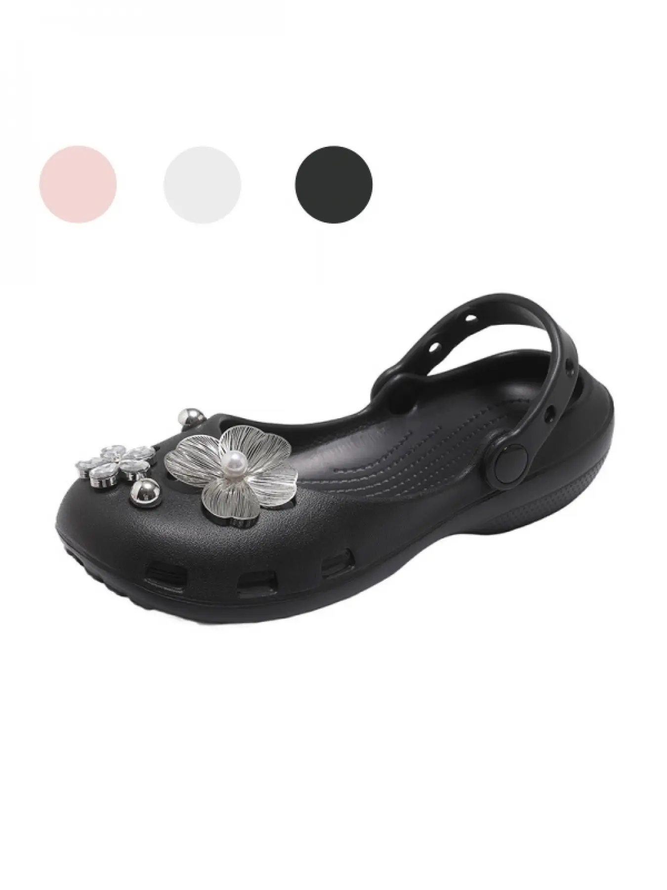 Women's Silver Flower & Pearl Decor Mary Jane Closed Toe Clogs, Flipable Heel Strap Soft EVA Sole Sandals For Daily Commuting, Shopping & Casual Dates