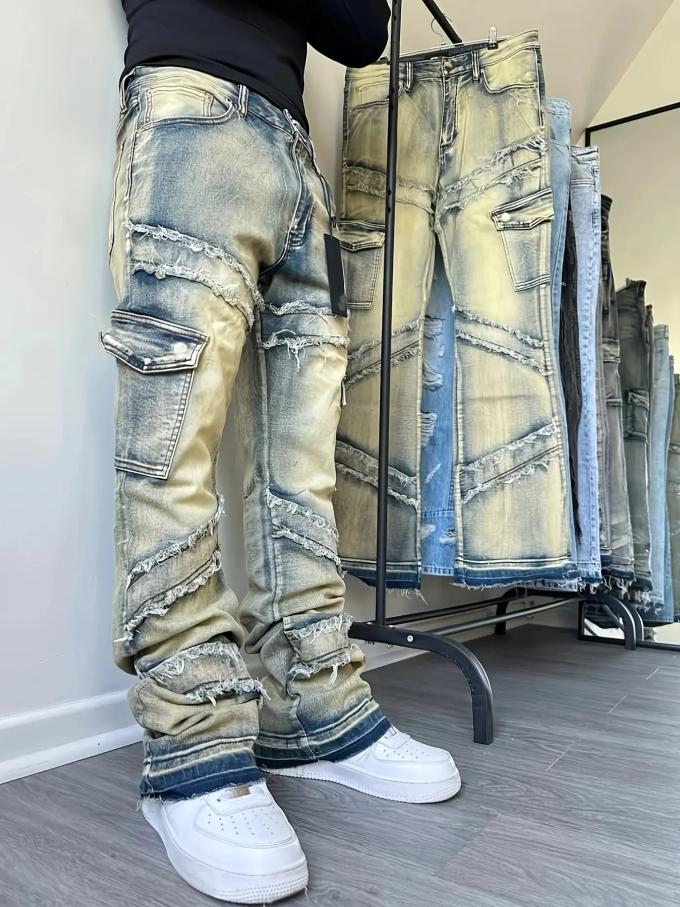 American Vintage Motorcycle Denim Jeans for Men Distressed Patchwork Elastic Slim Fit Skinny Pants, Korean Style Washed Casual Long Pants for Men