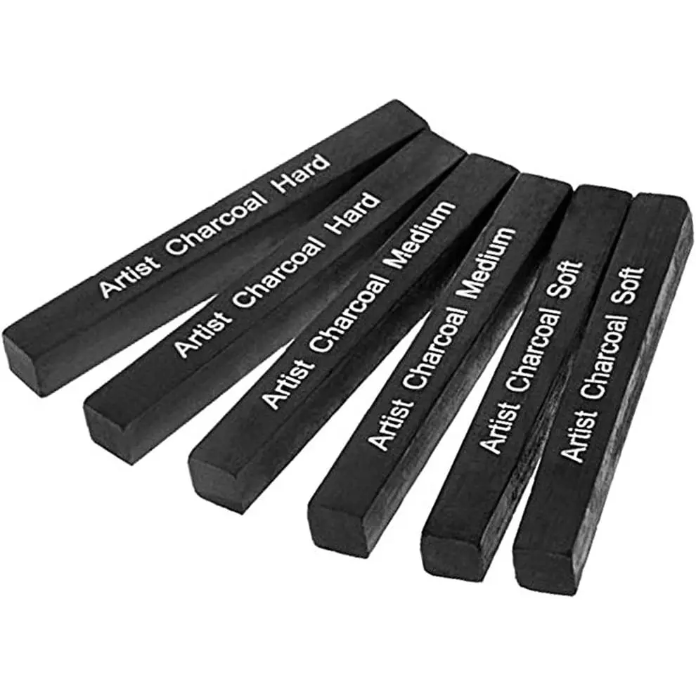 Artist Compressed Charcoal Stick Assorted Soft Medium Hard Artist Charcoal Medium for Drawing Sketching Shading, Art Supplies Sketch Kits Tools Pack of 6