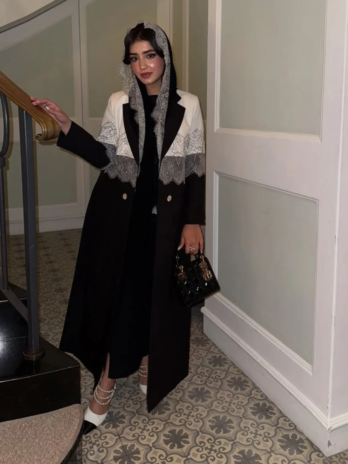 Elegant Block Lace Patchwork Loose Oversized Long Coat, Double Button Outerwear for Events and Commute, High-End Women's Fashion Clothes