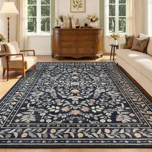 Washable Floral Area Rug for Living Room – Soft Low Pile Non-Slip Carpet – Bedroom & Dining Room Rug – Black – 5x7ft (152x213cm)