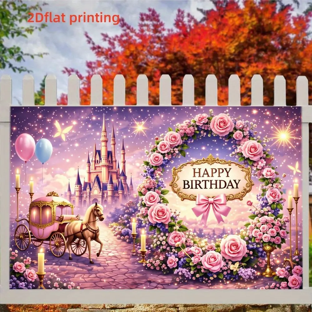 Dreamy Castle Birthday Banner, Car Rose Wreath Print Wall Decor, Princess Theme Party Backdrop, Polyester, Multiple Sizes Available