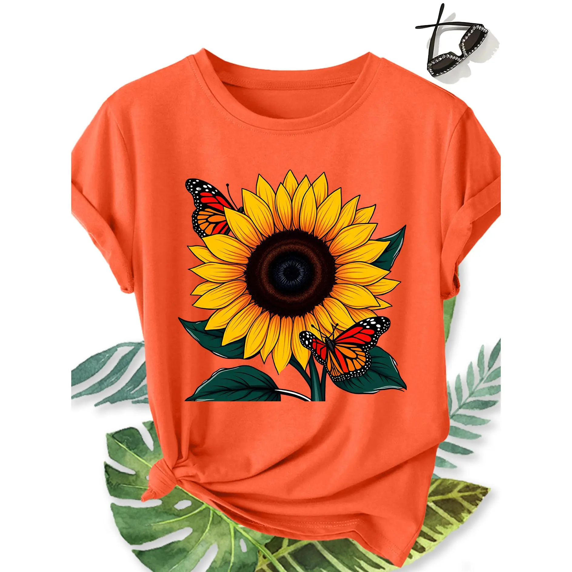 Elegant Women'S Plus-Size Short-Sleeve Top Featuring a Sunflower And Monarch Butterfly Print, Designed for Comfort And Breathability. This New Spring And Summer Piece Is Perfect As a Gift, Suitable for Fashion-Forward Commuting, Vacations