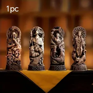 Norse Mythology Resin Statue Set, Odin Thor Loki Freyja Wooden Sculpture Mini Statues, Viking Altar Desktop Decor, Asatru Home Decoration Gift Decorative Statues