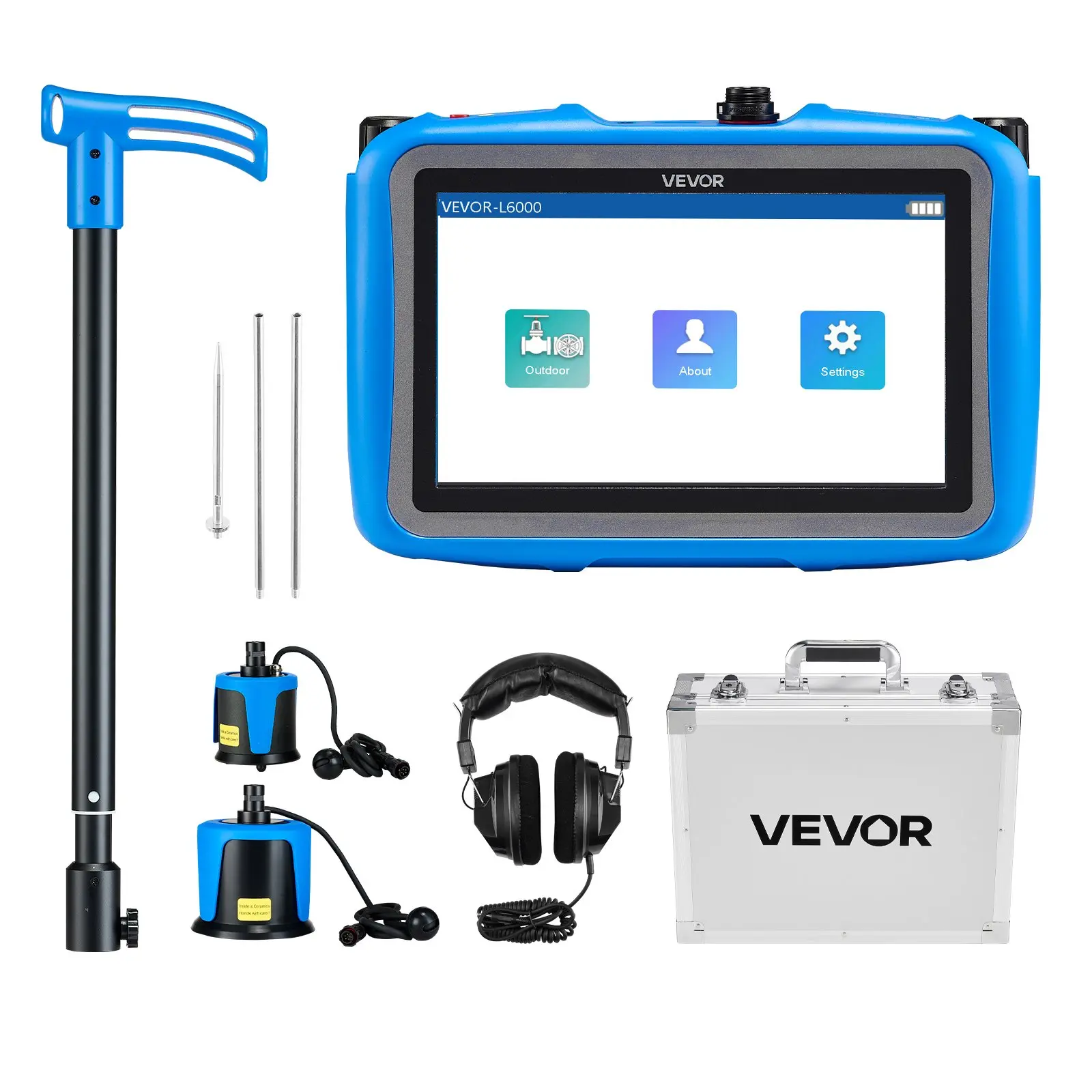 Pipe Water Leak Detector for Outdoors, 1Hz-10000Hz, 7" Touchscreen Leakage Detection Locator for 16.4FT (5m) Underground Plumbing - with Medium Large Sensor, 3 Listening Rods, Headphone Case