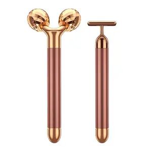 2-IN-1 24k Golden Pulse Electric Facial Massager Kit, 3D Roller & T Shape Massager for Arm Eye Nose Head Skin Care Tools