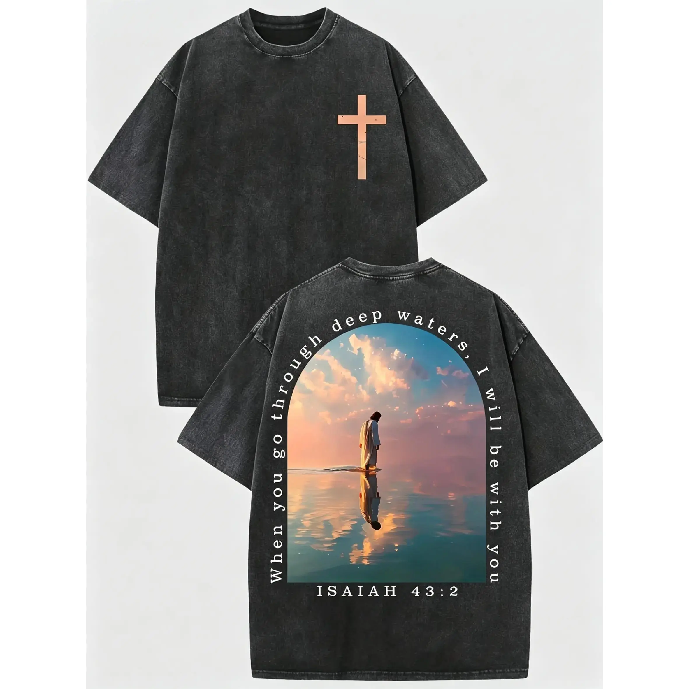 Men's Washed Pure Short-Sleeve Round Neck T-Shirt, Cross & Isaiah Verse Design, Double-Sided Print, Distressed Drop-Shoulder Retro Y2K Vintage Streetwear, Casual Menswear Summer Top