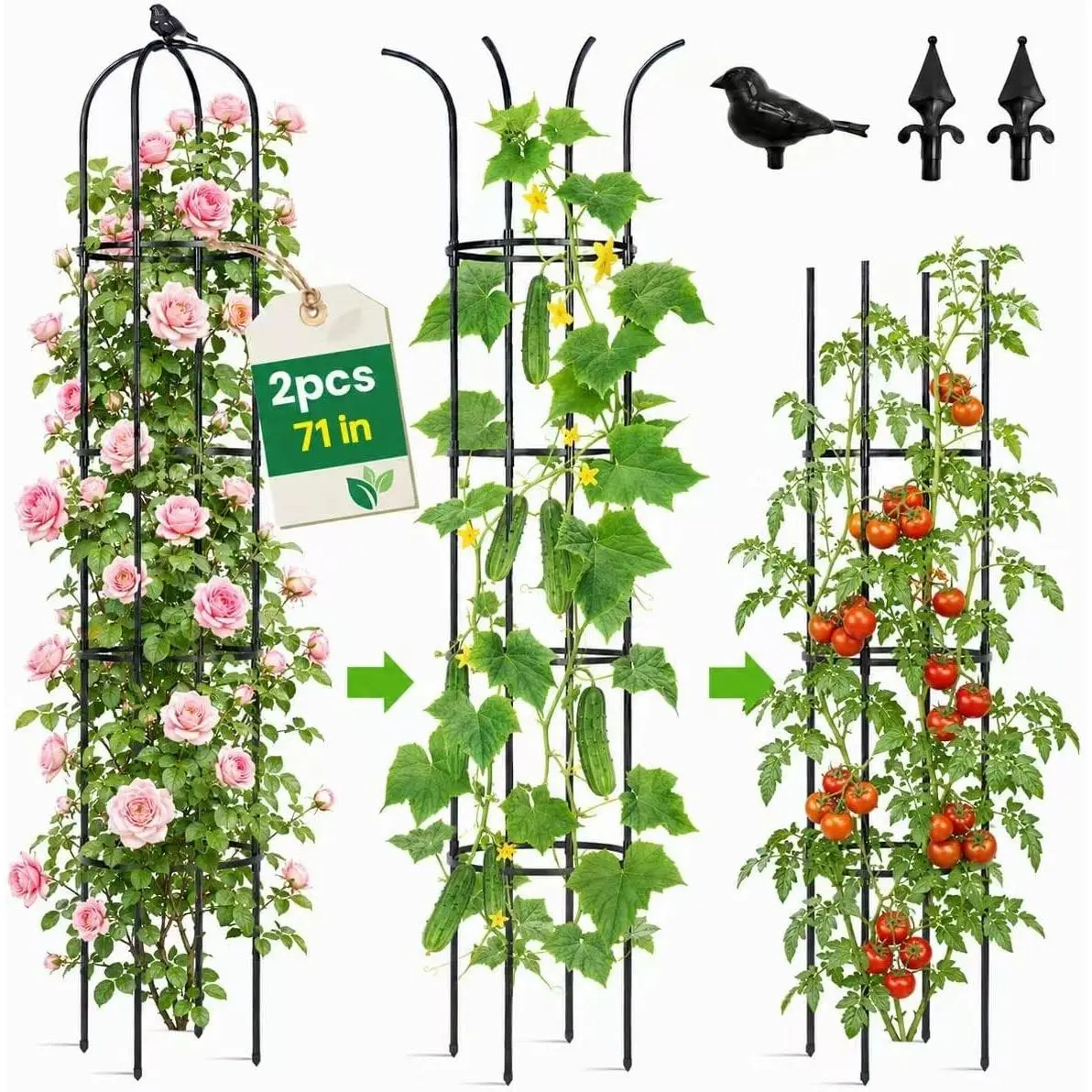 Garden Obelisk Trellis for Climbing Plants Outdoor, 6 ft Tall Trellis for Roses Clematis Jasmine Ivy Flower Light Climbing Vines Potted Plant Support, Patio, Yard, Black, 2PCS