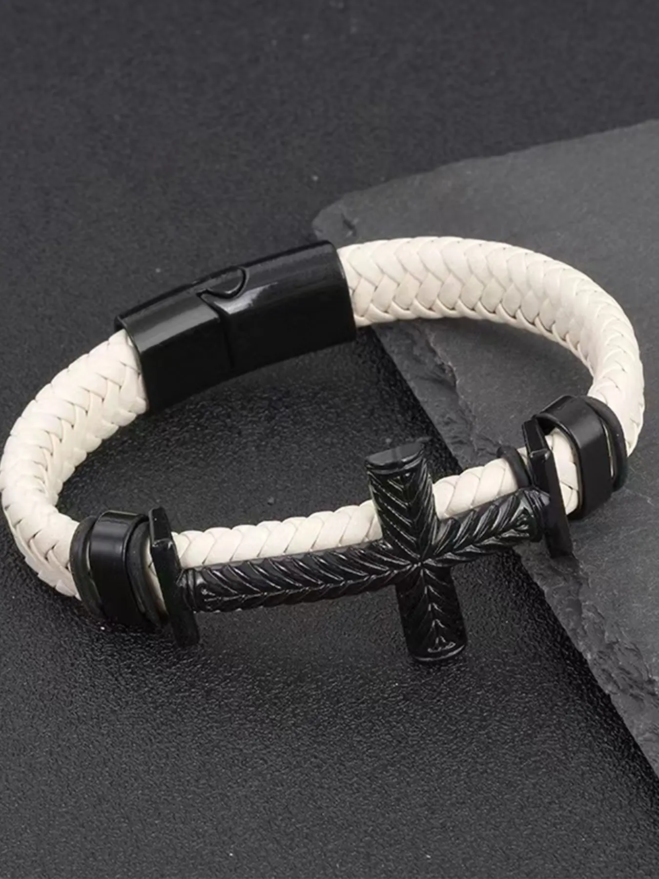 Punk Style Cross Leather Bracelet, Metal Cross with Braided Leather, Adjustable Magnetic Clasp, Gift Idea, Braided Bracelets, Punk Style Jewelry