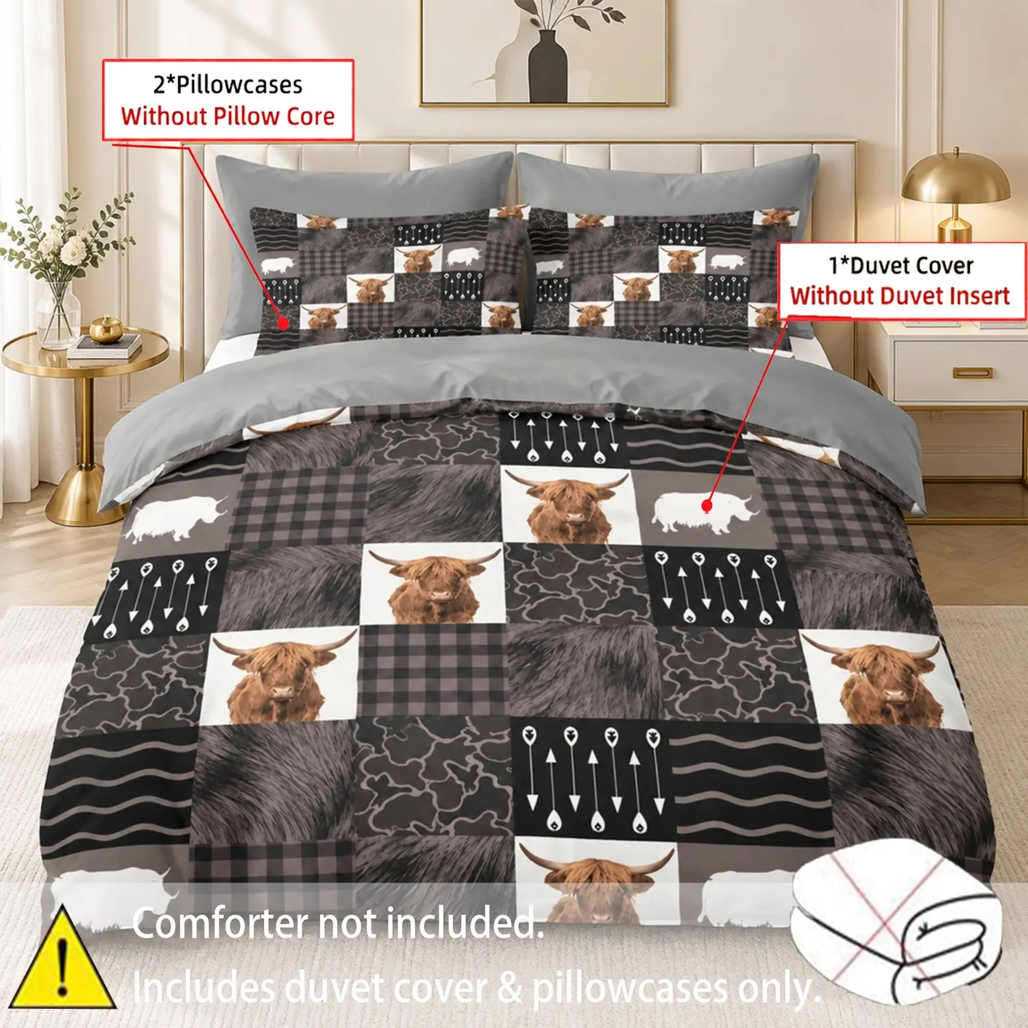 3-Piece Highland Cow Patchwork Duvet Cover Set. Includes 1 duvet cover and 2 pillowcases (comforter & pillow inserts not included). Boasts high-definition patchwork print, 100% polyester, soft and breathable. Great for bedroom, guest room or dorm.