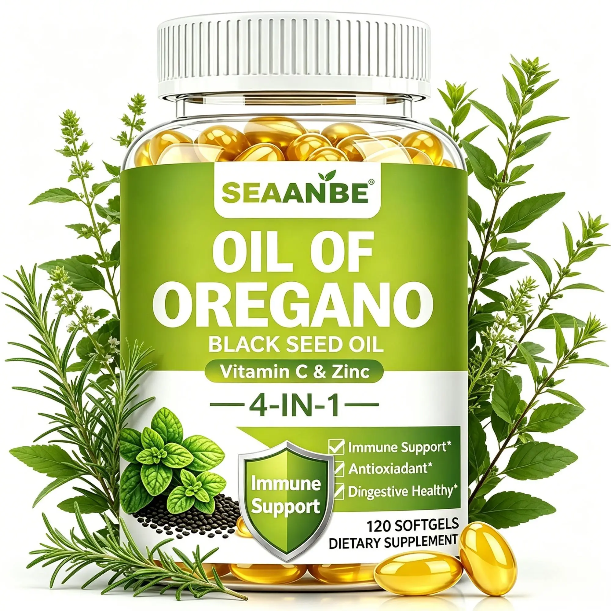 SEAANBE Oil of Oregano with Black Seed Oil, Vitamin C & Zinc, 4-in-1 Immune Support, Antioxidant, Digestive Health, 120 Softgels