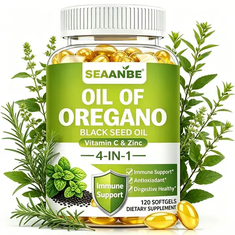 SEAANBE Oil of Oregano Mineral Supplements - 4-in-1 Oregano + Black Seed Oil Formula with Vitamin C, Zinc, Immune Support, Antioxidant Benefits, Digestive Health, Prop 65 Safe, 120 Softgels for Daily Wellness