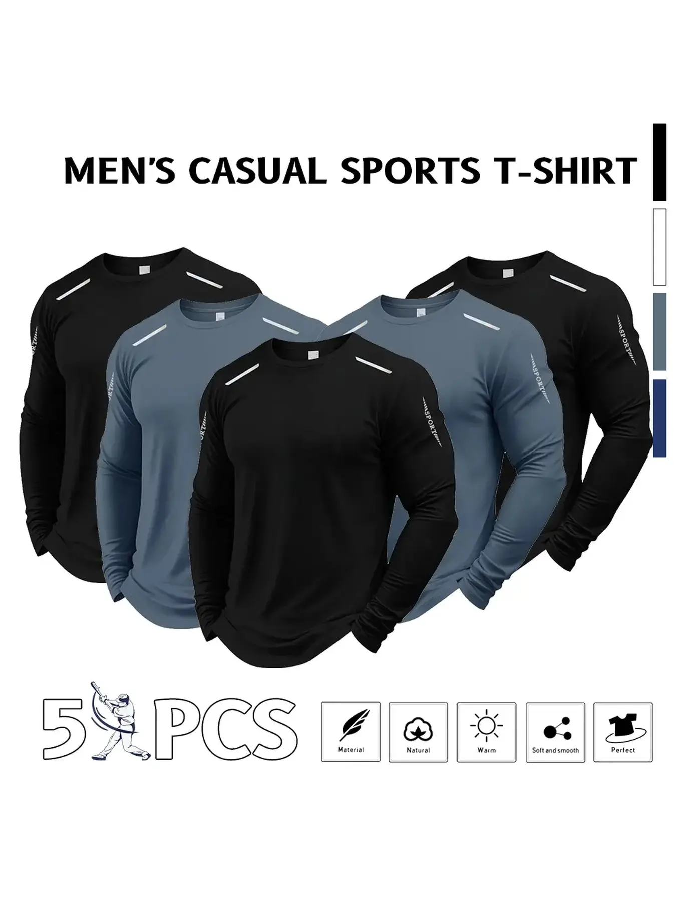 5-Pack Men's Lightweight Knit Crewneck Long Sleeve T-Shirts, Pullover Design, Multiple Colors, Everyday Casual & Sporty Style Tops, Versatile Breathable Tees for Work, Daily Wear & Leisure