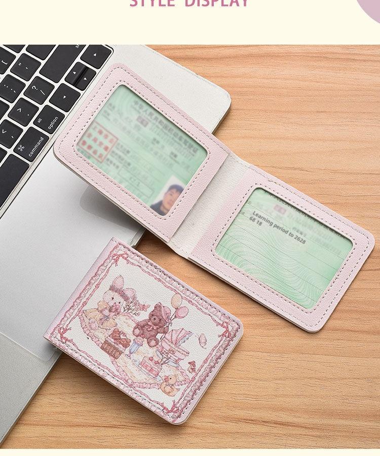 Cute Pink Bunny Bear Driver License Holder Cartoon Card Wallet Kawaii ID Card Case with Lace Design Car Document Organizer Credit Card Storage Cute Car Accessories Gift for Girls