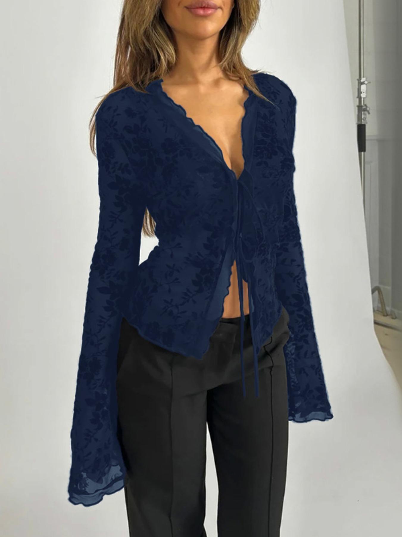 Women's Plain Floral Print Tulle Top Blouse, Classy Elegant Slim Long Sleeve Top for Summer, Ladies Clothes for Daily Wear
