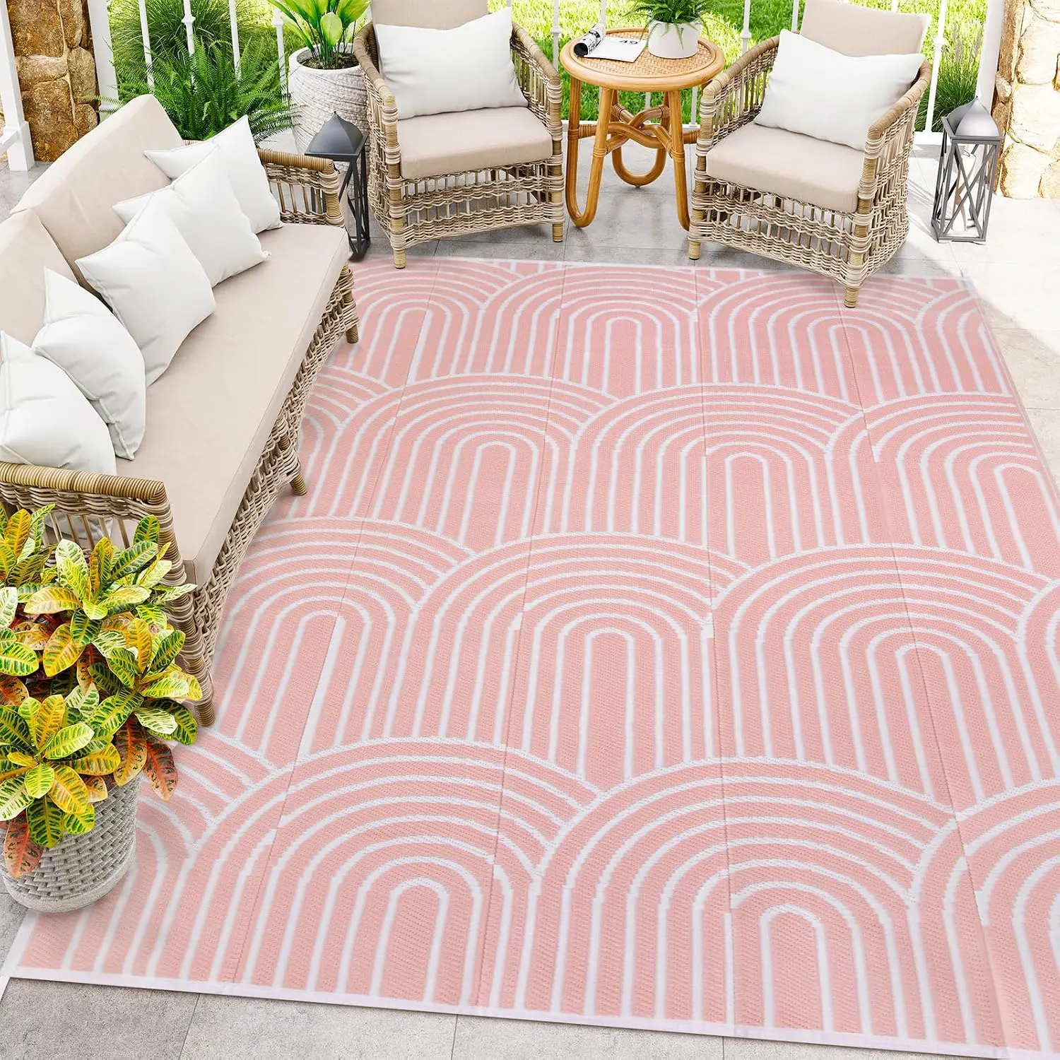 Rainbow 8'x10' Waterproof Reversible Outdoor Rug - Portable Plastic Straw Patio Rug for Backyard, Pool Deck, RV Camping (Pink)