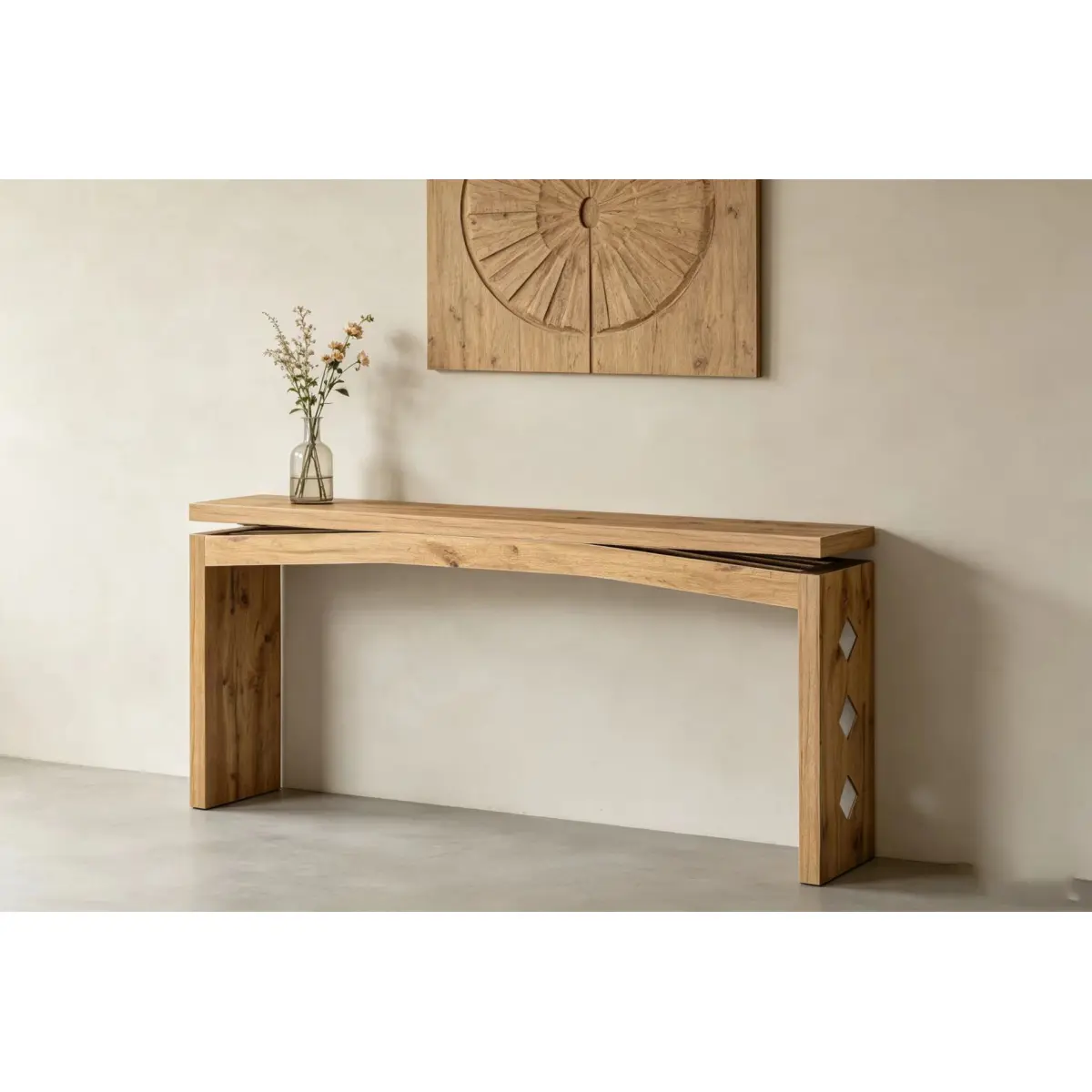 Rustic Solid Wood Console Table, Japandi Wabi-Sabi Entryway Table with Curved Floating Top, Modern Accent Sofa Table for Living Room, Hallway