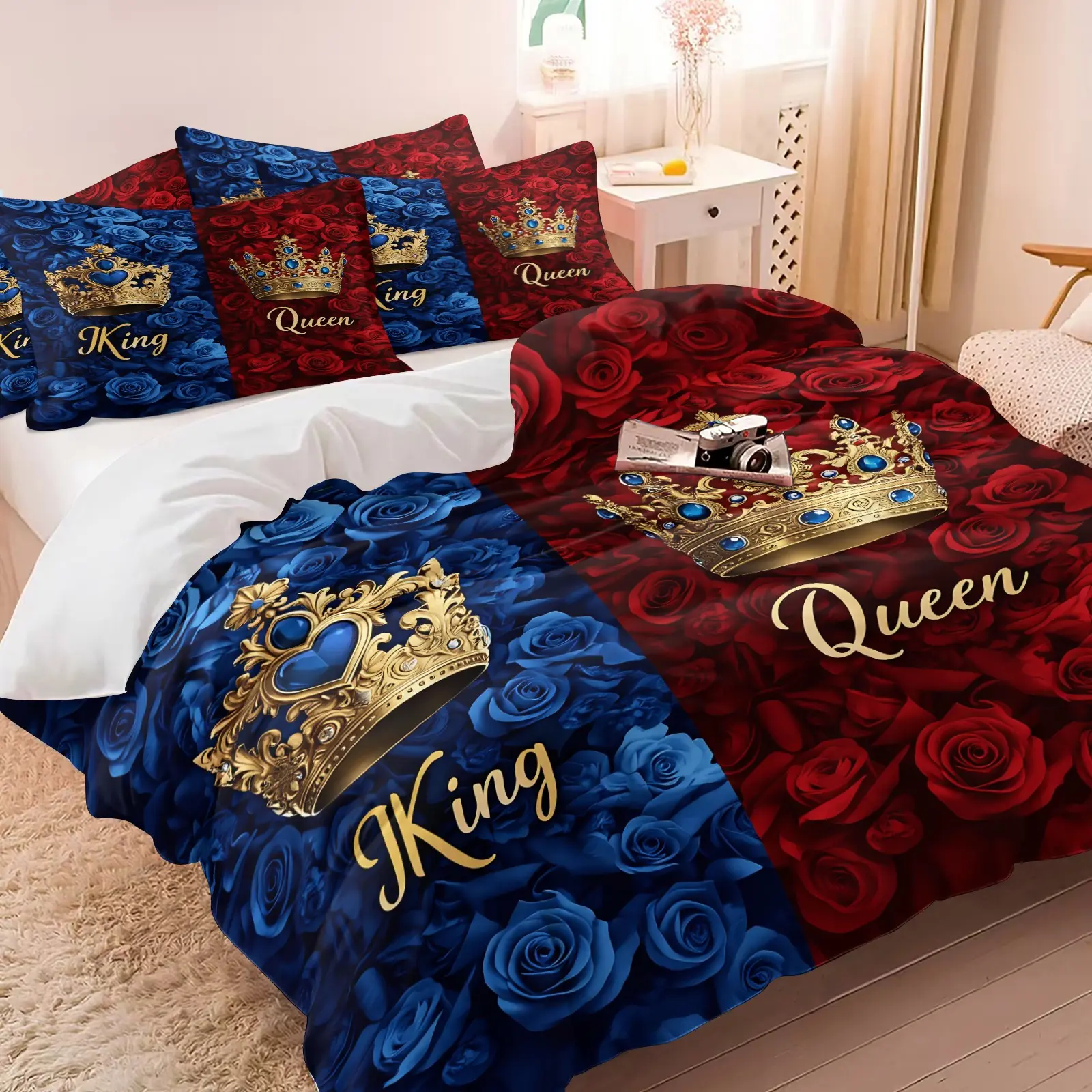 Romantic Red Blue King Queen Rose Split Duvet Cover Set, Rose Print, Soft Comfortable Fabric, Valentine's Day Gift, Comfy Bedding Set, Wedding Bedding Set, Wedding Valentine Gift For Couples Husband Wife