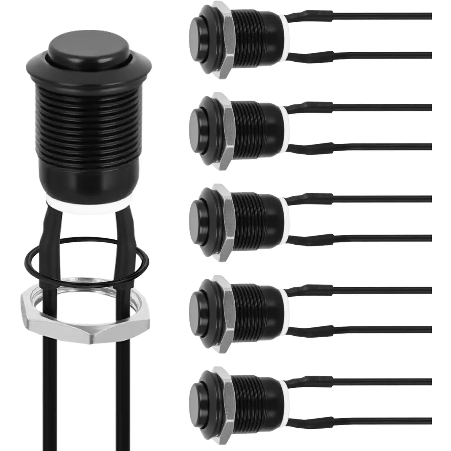 Nilight 12mm 1/2" Momentary Push Button 6-Switch Pack, Pre-Wired 12V Waterproof Black Metal Round 2-Pin Screw Clamp Fit Switch, Safe for Vehicle, Boat, Marine, Wranglers Light Bars