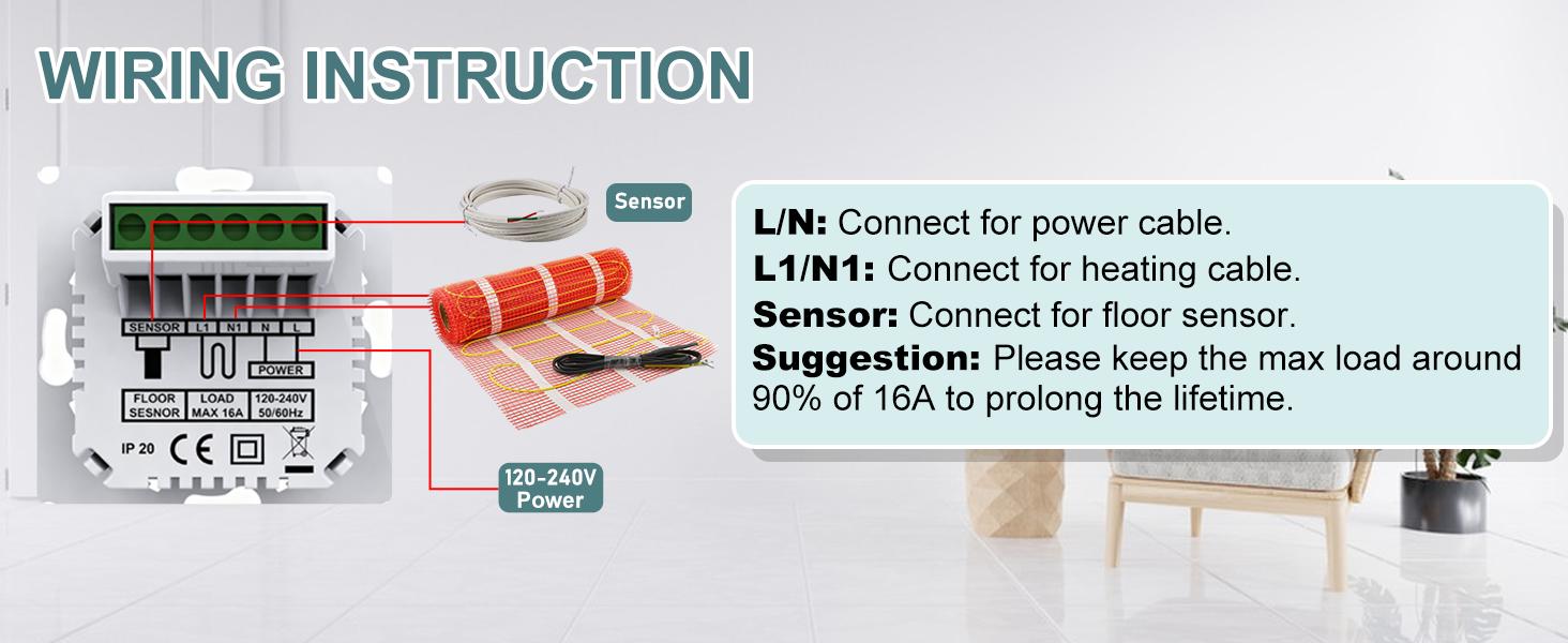 Programmable Thermostat, WiFi Thermostat for Radiant Heating with Touchscreen, 120V-240V Wide Voltage, Dual Sensing, Black