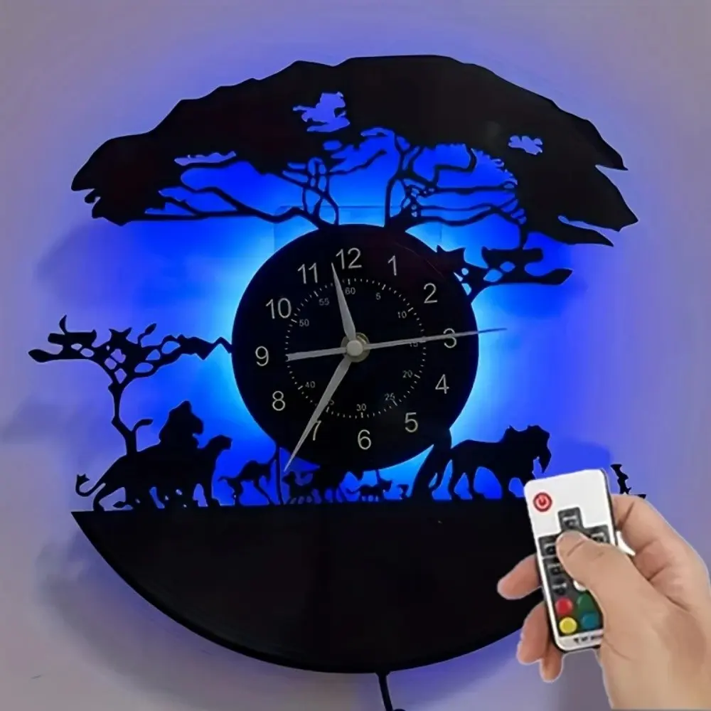 Vinyl art wall clock, featuring a design of African forest animal kingdom silhouettes, suitable for home bedroom, living room decoration, corporate decoration, hotel decoration, birthday gifts, Christmas gifts, tabletop ornaments, and sleep night lights.