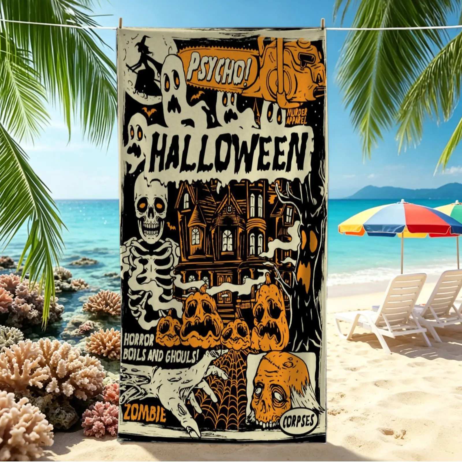 1Pc POD Printed Halloween Spooky Beach Towel, quick-dry Pool Towel, Camping Towel & Bath Towel Blanket, forms unique dark fun atmosphere, for young people, beach travel, camping and daily bathing.