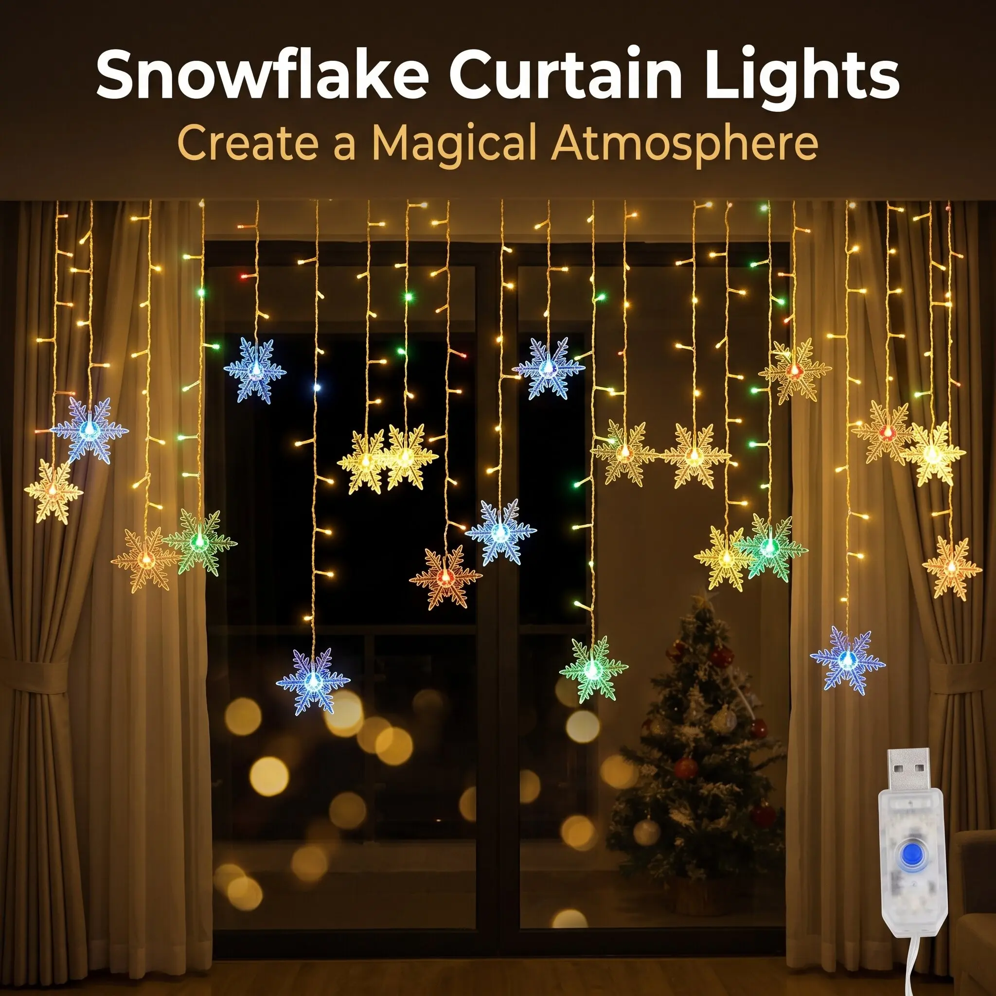 LED Butterfly Snowflake Curtain Lights, Christmas Fairy String Lights, Romantic Ambiance for Bedroom & Living Room, Xmas Home Decor