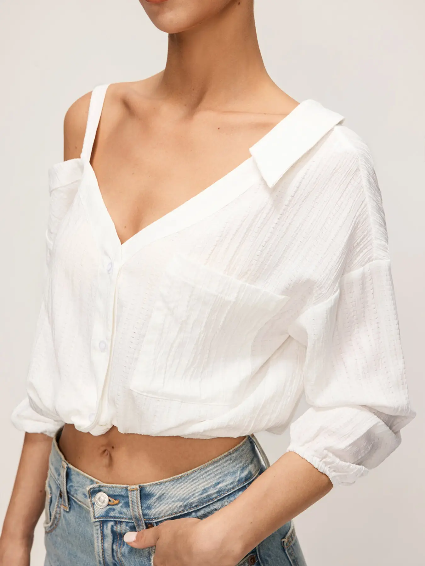Women's Asymmetrical Cold Shoulder Button Down Shirt, Lapel Strap Detail, Puff Long Sleeve, Textured Crinkle Loose Fit Blouse, Casual Going Out Top