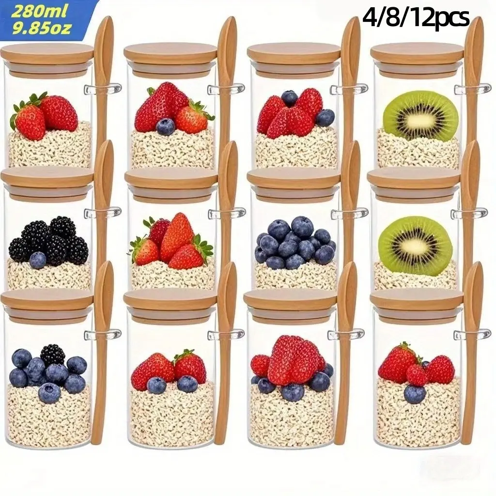4/8/12pcs Glass Breakfast Cups with Lids, 9.85oz/280ML Meal Prep Containers, Ideal for Chia Seeds, Pudding, Yogurt
