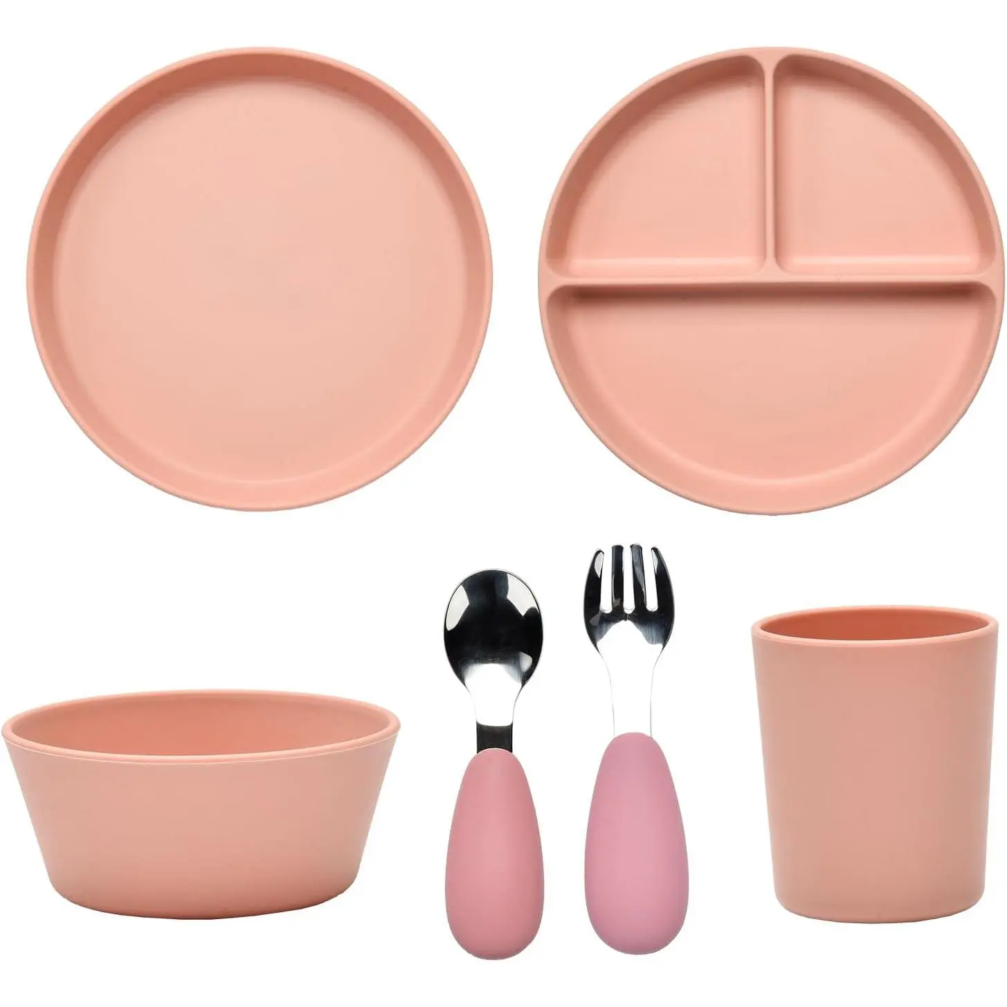 6-Count Synthetic Complete Tableware Set - Smooth Surface, Thick Material, 3-Section Divided Plates, Water Cups, Dinner Plates, Bowls, Spoons, Forks
