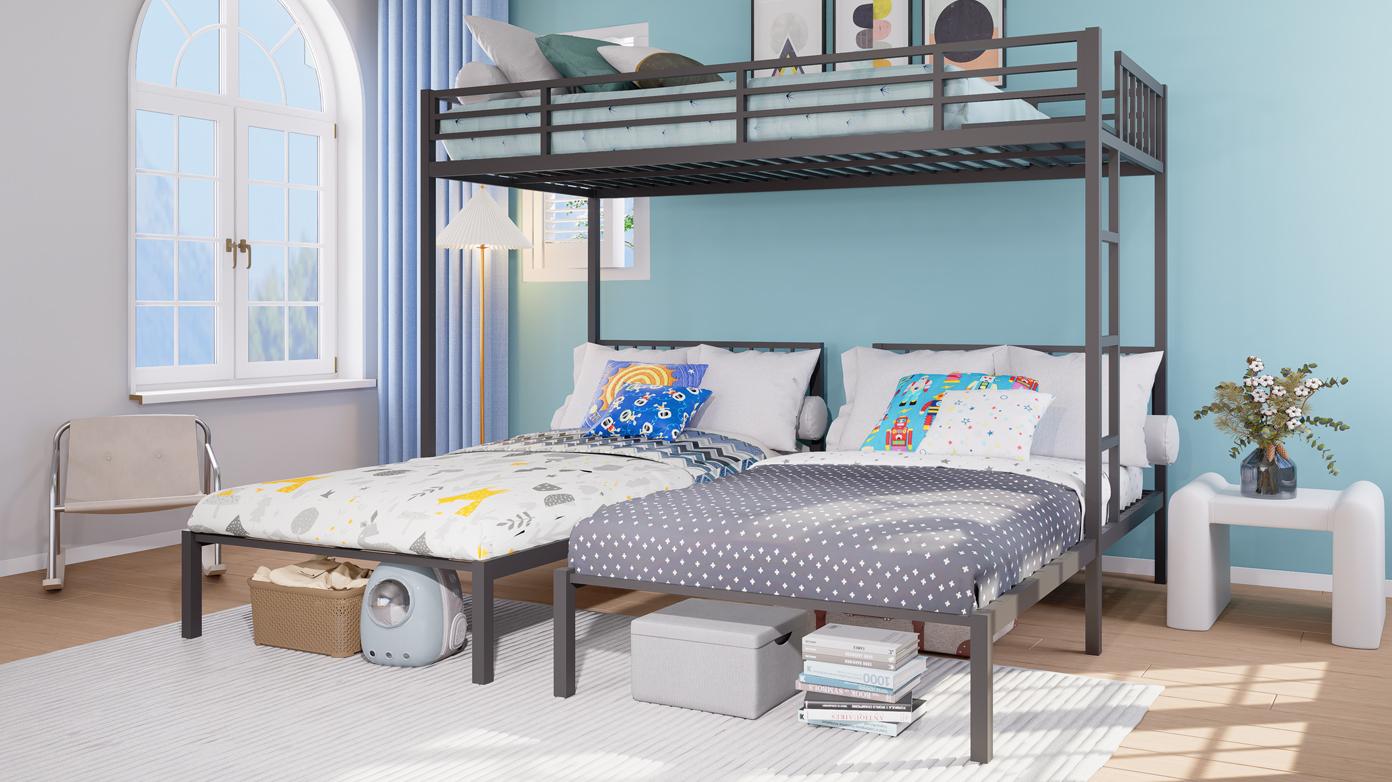 Triple Bunk Bed for Kids, Detachable Twin Over Twin Over Twin Metal Bunk Bed with Guardrails, Ladder & Storage, Converts to 3 Separate Twin Beds, Easy to Assemble (3 Bunk Beds for Kids)