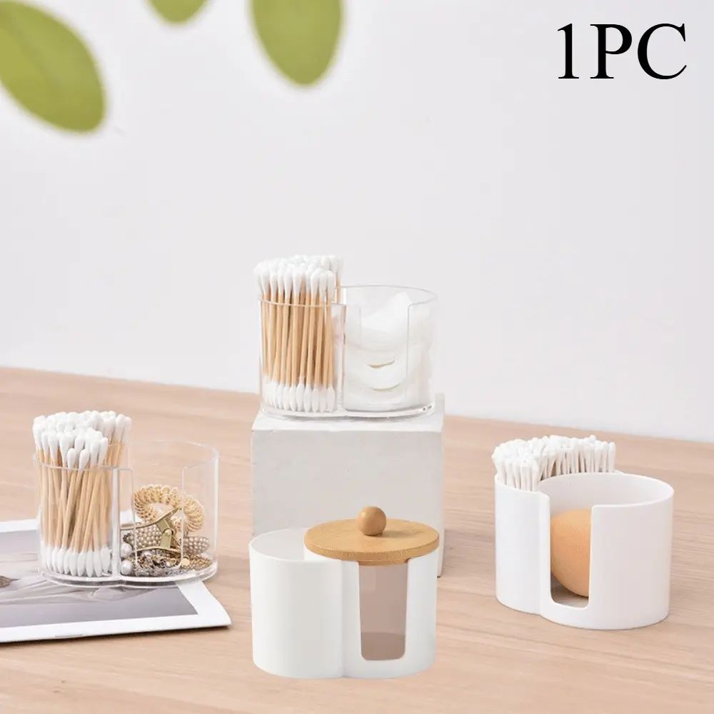 1Pc Cosmetic Storage Box, Round Container with Ball‑Shaped Wooden Lid, Double‑Hole Makeup Organizer Case for Makeup Remover Supplies, Floss Holder, Portable Clear Desktop Home Cosmetic Container, Ideal Holiday Gift